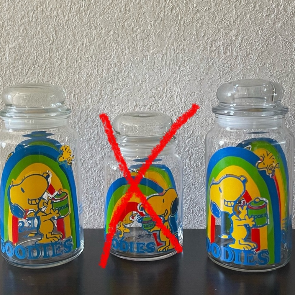 2 Vintage Woodstock Snoopy Peanuts Glass Cookie Jar Lid Goodies Snack Rainbow